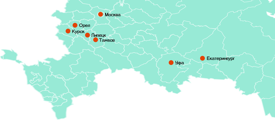 Карта России с городами, где есть центры ПЭТ Технолоджи